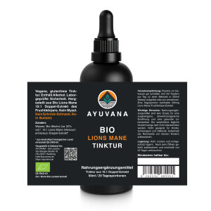 AYUVANA Bio Lions Mane Tinktur - Label mit sämtlichen Produktinformationen