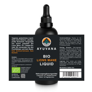 AYUVANA Bio Lions Mane Liquid - Abbildung der Flasche mit vollständigem  Produkt- und Bio Label
