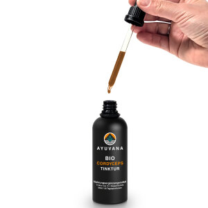 AYUVANA Bio Cordyceps Tinktur - Ein Tropfen läuft aus der Pipette