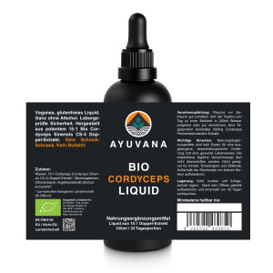 AYUVANA Bio Cordyceps Liquid - Abbildung der Flasche mit vollständigem  Produkt- und Bio Label