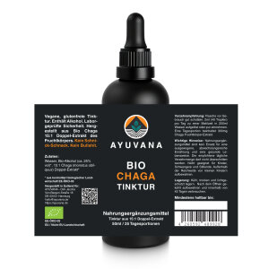 AYUVANA Bio Chaga Tinktur - Label mit sämtlichen Produktinformationen