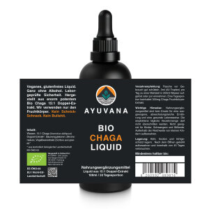 AYUVANA Bio Chaga Liquid - Abbildung der Flasche mit vollständigem  Produkt- und Bio Label