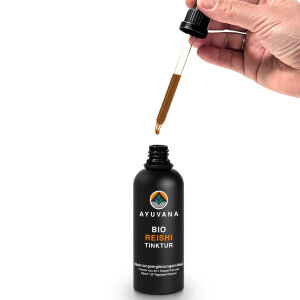 AYUVANA Bio Reishi Tinktur - Ein Tropfen läuft aus der Pipette