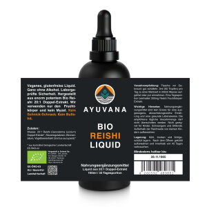 AYUVANA Bio Reishi Liquid - Abbildung der Flasche mit vollständigem  Produkt- und Bio Label